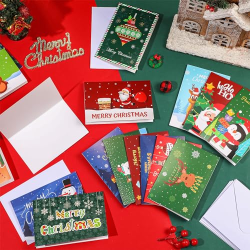 Crtiin 300 Set Christmas Cards Bulk Greeting Card with Red Envelopes Assortment Xmas Notes for Holiday Christmas Party Favor Supplies(Classic)