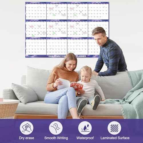 32" x 48" 2026 Wall Calendar Dry Erase - Folded Large Starry Sky Wall Calendar 2026, Wet & Dry Erasable, Laminated 12-Month Annual Yearly Planner, Reversible, Horizontal/Vertical, Purple