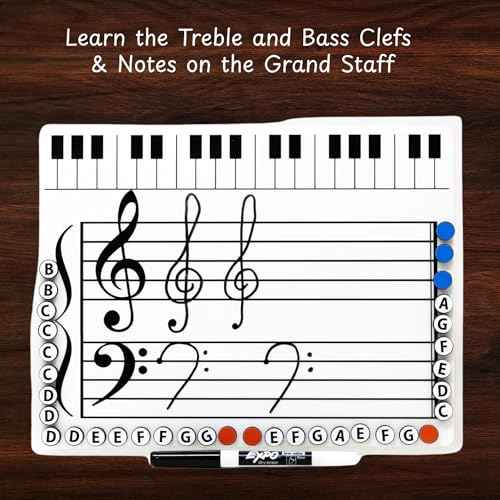 Kits Grand Staff Dry Erase Magnetic Music Theory Board with 35 Note Magnets and Marker (9 x 11.5 Inches) - Piano Teaching Tool, Music Staff Whiteboard, Keyboard Practice Aid
