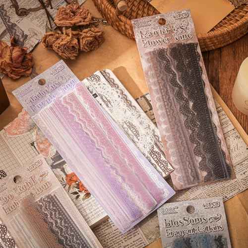 40 Pcs Transparent Lace PET Stickers for Scrapbooking Junk Journal Card Making Collage Diary Planner Notebook Letter Photo Album Craft Project Decoration, 5 Patterns (Brown)