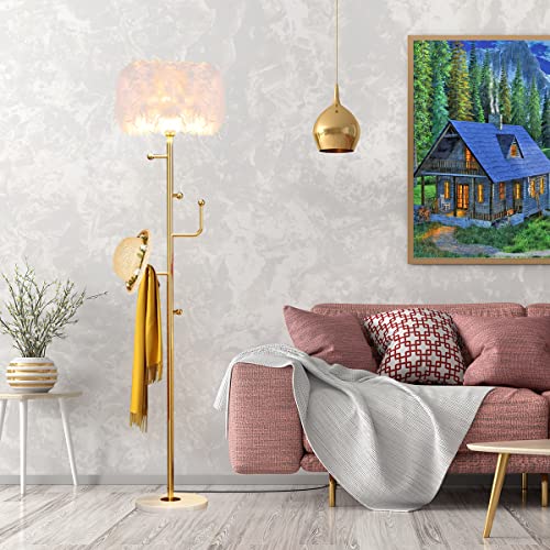 Feather Floor Lamp Standing Lamp with Coat Rack for Living Room,Modern Metal Hall Coat Tree with 5 Hooks,Pole Lamp Reading Floor Lamp for Bedroom and Living Room