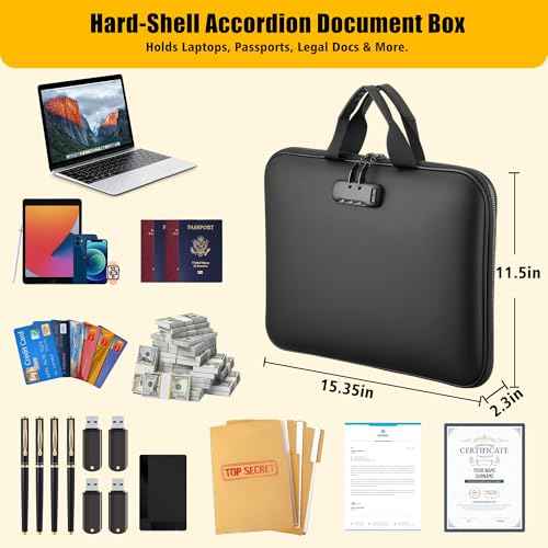 Fireproof Document Box with Combination Lock, Hard-Shell Fireproof File Organizer for Legal Documents, Laptop, Valuables & Important Papers, 13-Pocket Accordion File Folder