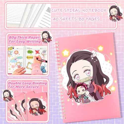 Anime Demon Merch Gifts£¬Kawaii Anime Stuff Cartoon Stationery Set School Supplies for Girls£¬Including Spiral Notebook Gel Pen Multicolor Pen Sticky Note...