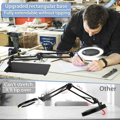 Drdefi 10X Magnifying Glass with Light and Stand, 2-in-1 Magnifying Desk Lamp Rectangular Base & Clamp, 5 Color Modes Stepless Dimmable, LED Lighted Magnifier Hands Free for Painting Sewing Craft