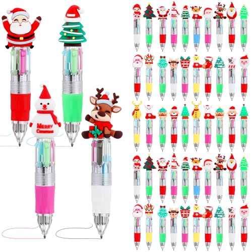 100 Pcs Multicolor Christmas Ballpoint Pen 4-in-1 Retractable Holiday Ink Pens 0.7mm Xmas Santa Snowman Reindeer Writing Pens for Students Christmas School Office Supplies Gifts