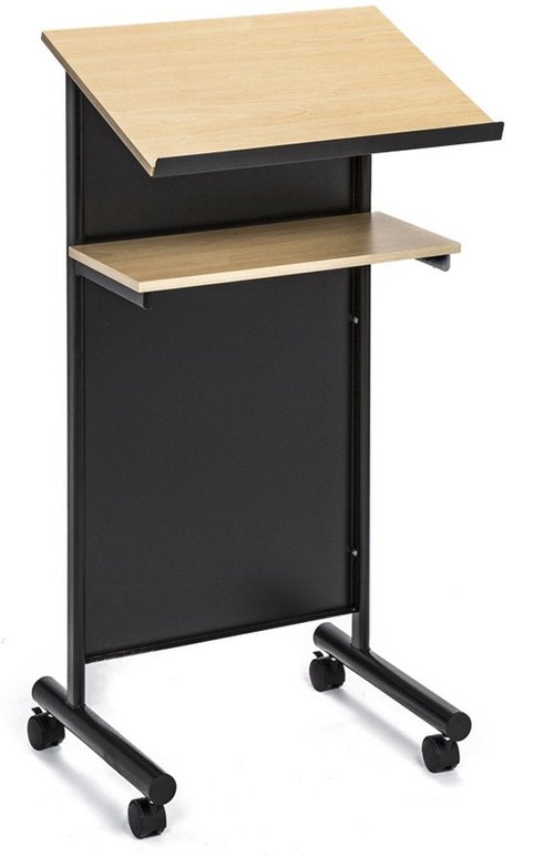 Audio-Visual Direct Wheeled Lectern - Standing Desk with Storage Shelf - Beech/Black - Ideal for Presentations and Laptop Use