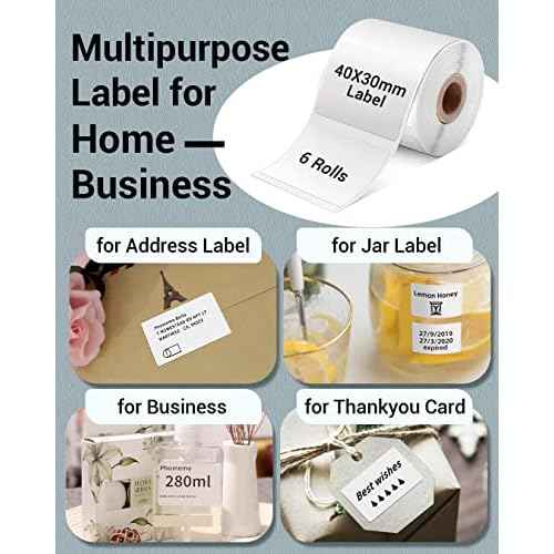 Phomemo 1.57"x1.18"(40x30mm) Label, 6 Rolls M110/M100/M150/M250/M220 Thermal Paper - Multi-Purpose Square Self-Adhesive Label, 230 Labels/Roll, Black on White