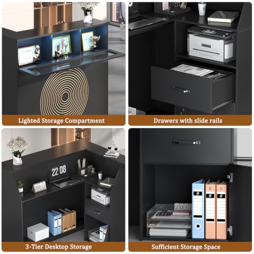 HIMcup Black Reception Desk with Outlet, LED Lights & Glass Display – L-Shaped Corner Counter