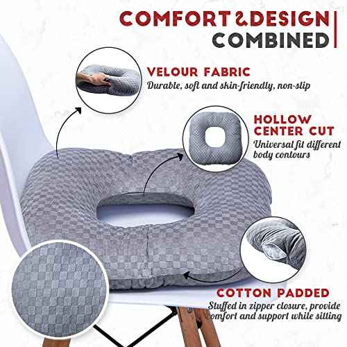 Stuffed Donut Pillow Seat Cushion | for Tailbone and Coccyx Pain, Hemorrhoids, Bed Sores, Pregnancy, Prostate, Surgery Recovery, Sitting Pressure Relief, for Home, Office and Car (Grey)
