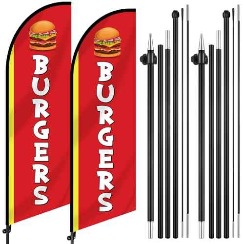 2 Set 7ft Burgers Restaurant Feather Flag Banner Advertising Swooper Flag with Pole Kit and Ground Stake for Burger Restaurant Business Outdoor Decor Events Promotion