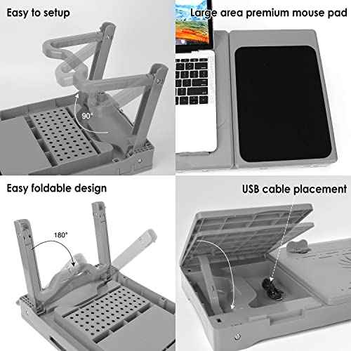 Grey Foldable Laptop Table with Cooling Fan, Adjustable Lap Desk and Mouse Pad, 4 USB Ports for Bed, Couch, Sofa, Floor