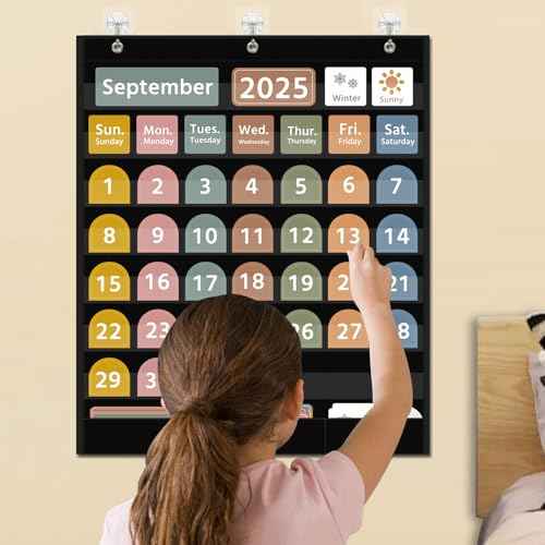 REGELETO Large Boho Calendar Pocket Chart with 96 Cards for Classroom, Size:32.25 x 24.125 inch Black Monthly Calendar and Weather Pocket Chart for Kids Learning for Home or Kindergarten.