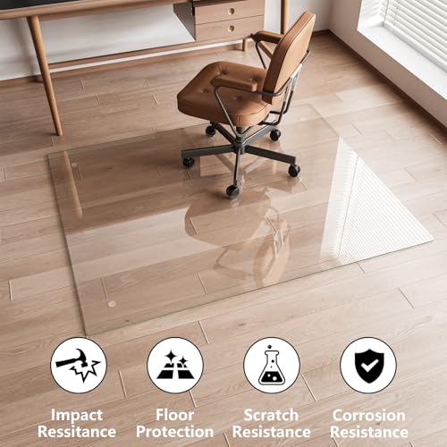 Koonmi 46"x60" Glass Chair Mat for Carpet, straight edge, transparent – Tempered Glass Office Floor Mat