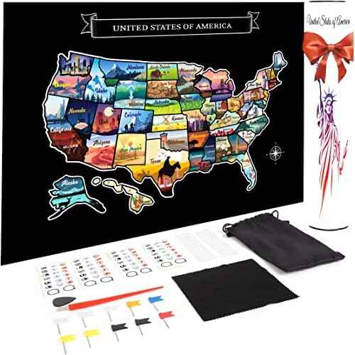 Large 23x16 Scratch-Off USA Map - Hand-Drawn Travel Design with Accessories, Laminated for Home D?cor - Deluxe States Tracker, Road Trip Gift, Perfect for Travelers, Adventure & Geography Lovers