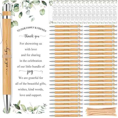 Yeaqee 100 Sets Woodland Safari Baby Shower Gifts for Guest Greenery Woodland Baby Shower Favors Retractable Pens Bamboo Pens Gender Reveal Greeting Cards Souvenirs Prizes