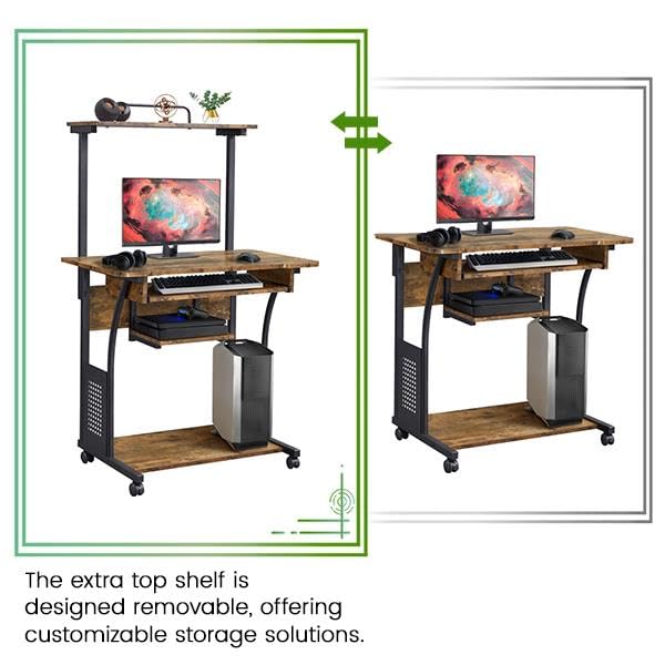 Yaheetech Rustic Brown Small Rolling Computer Desk with Hutch & Shelves