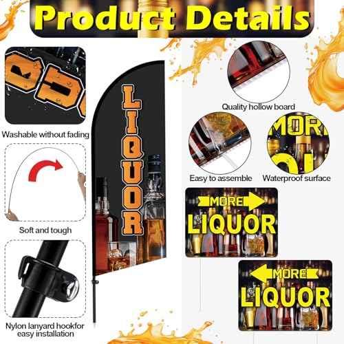 Liquor Feather Flag Pole Kit Include 7 ft Banner Flag with Poles 5 Pcs Liquor Drink Yard Signs and 10 Pcs Ground Stake for Bar Drink Business Outside Advertising Market Store