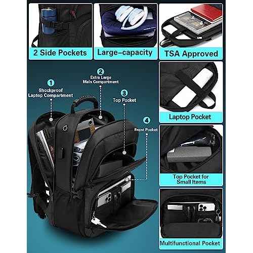 ProEtrade Travel Backpack, Extra Large Laptop Backpack School Business Anti Theft TSA Approved College Work Computer Bag Fits 17 Inch Laptop with USB Charging Port Bookbag for Women Men(Black)