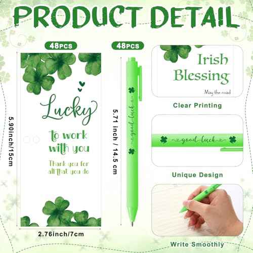 48 Sets St Patrick's Day Gifts for Employee Good Luck Ballpoint Pens Shamrock Ballpoint Pens Four Leaf Clover Keychains with Thank You Cards for Team Staff Teacher Coworker