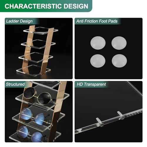 uxcell Sunglasses Display Stand, 1Pcs - Transparent Acrylic Sunglass Rack, 4-tier Glasses Stand, Eyewear Rack for Optical Shop Home Shopping Mall (Gold)