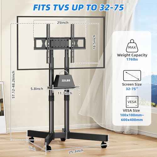 Rolling TV Stand with Laptop Shelf, Mobile TV Stand with Upgraded Wheels for 32-75 Inch TV, Height Adjustable Mobile TV Cart up to 110lbs, for Outdoor, Home, Office (with Shelf)