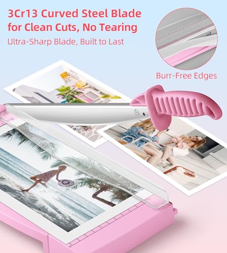 Firbon Pink 12-Inch Guillotine Paper Cutter with Hidden Ruler, Compact Trimmer