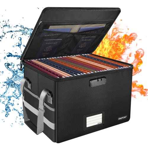 ENGPOW File Box with Lock,Fireproof Document Box with Zipper£¦Pockets,Collapsible File Organizer Filing Storage Cabinet with Handle,Portable Home Office Safe for Hanging Letter/Legal Folder,Black