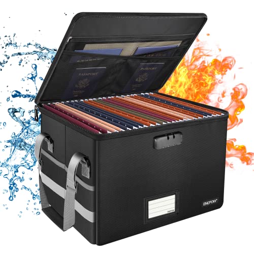 ENGPOW Fireproof Lock Box with Handle - Collapsible Portable Document Organizer, 15.55 x 12.2 x 10 Inches, Black & Grey