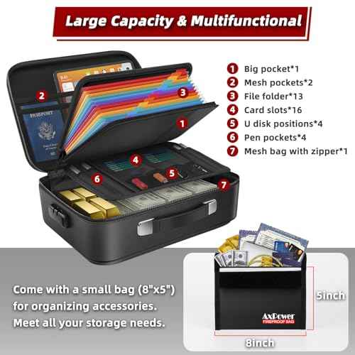 Fireproof Document Box Hard Case With Lock, Multi-Layer Fire Proof Water Resistant Safe Box File Organizer Bag With Small Money Bag for Important Documents Passport Certificates Laptop (Black)