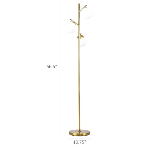 HOMCOM 3-Light Modern Floor Lamp for Living Room Bright Lighting, Tree Standing Lamp for Bedroom with Globe Lampshades, Steel Base, Cute Lamp, Bulb not Included, Gold