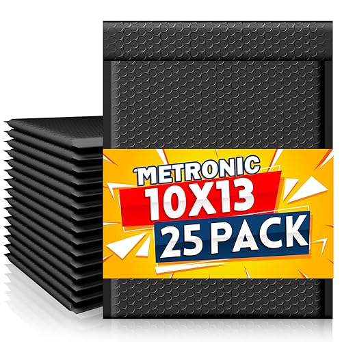 METRONIC Black Waterproof 10x13 Inch Bubble Mailers 25 Pack Padded Envelopes
