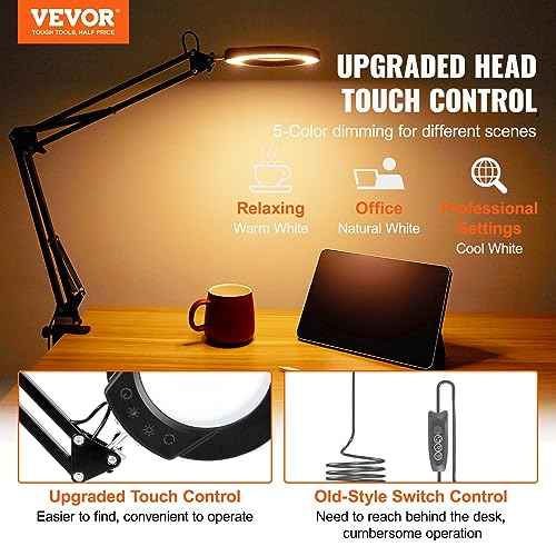 VEVOR 5X Magnifying Glass with Light and Stand, ¡¼Upgraded¡½ 5 Color Modes Stepless Dimmable, 4.3" Glass Lens Magnifier Desk lamp, 2-in-1 Magnifying Light and Stand for Crafts, Reading, Close Work