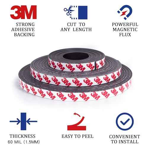 Magnetic Tape Strip Roll with 3M Adhesive Backing, (0.5in Wide x10ft Long) Flexible Sticky Magnet Tape Strips for Kitchen, Garage Whiteboards Fridge DIY Organization
