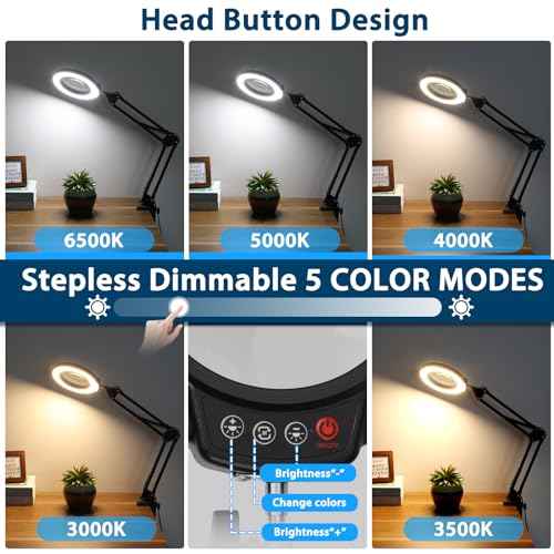 10X Magnifying Glass with Light and Clamp, 5 Color Modes Stepless Dimmable Real Glass Lighted Magnifier, Hands Free LED Magnifying Desk Lamp for Painting Craft Close Work Reading Repairing