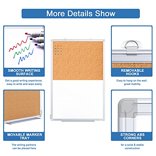 White / 36x24 Inch Magnetic Whiteboard and Cork Board Combo with Aluminum Frame
