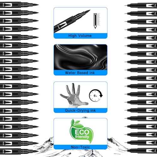 Black Drawing Pens, 12 Pack Dual Tip Brush Pens - Fine Liner & Brush Markers for Sketching, Calligraphy, Journaling - Water-Based, Quick-Drying Ink - Ideal for Artists, Adults & Kids