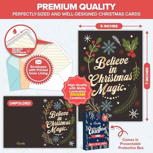 Decorably 50 Pack Foiled 5x7in Assorted Christmas Cards with Envelopes and Stickers, 50 Unique and Festive Designs Bulk Christmas Cards with Envelopes Bulk, with Printed Message Inside