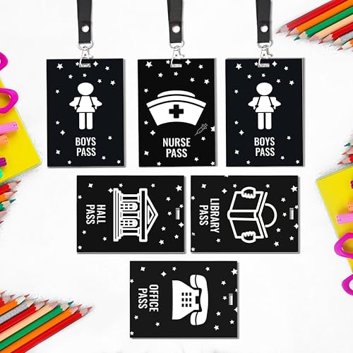 Classroom Hall Passes Set with Lanyards - Durable PVC Student Passes for School Bathroom Library Office Nurse