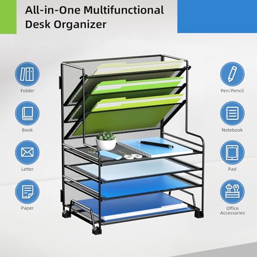 MINDEPOT 4-Tier Desk Paper Organizer with 3-Pocket File Holder - Black (No Drawer & Pen Holders)