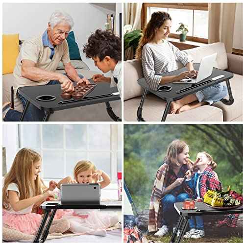 Zapuno Laptop Lap Desk, Foldable Laptop Table Tray with 4 USB Ports Storage Drawer and Cup Holder, Lap Bed Desk Notebook Stand Laptray Portable Standing Table for Bed Couch Floor