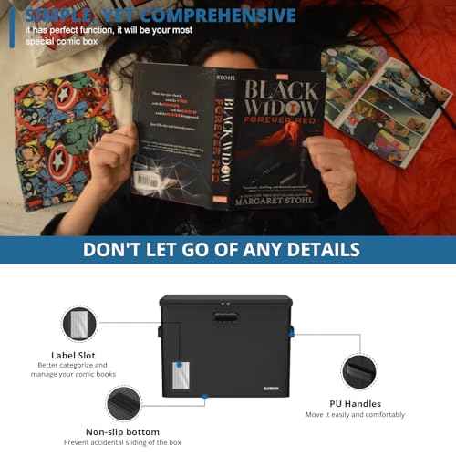 Comic Book Storage for 300-350 Comics, Fireproof & Water-Resistant & Moistureproof Stackable Comic Book Box with Flap Zipper Mesh Pocket and Label Window, Comic Book Case with Fire Zipper