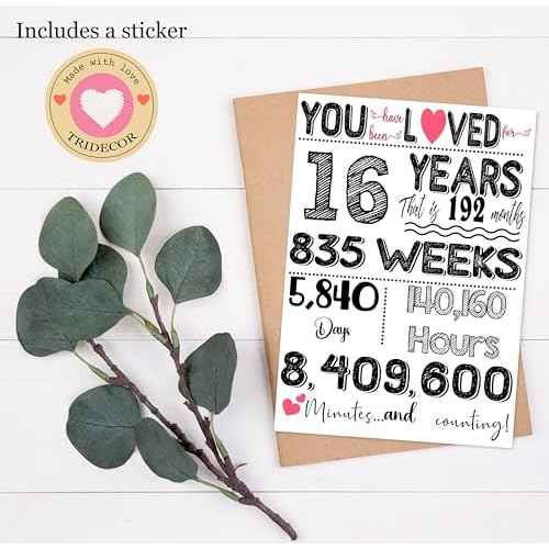 16th Birthday Card, Birthday, Decorations Party Supplies - Folded Card for Him, Her, Women, Men, Boys, Girls include Envelope, Sticker - Blank Inside - Unique Gift For 16 Years Old (5"x7") by PICCAFI