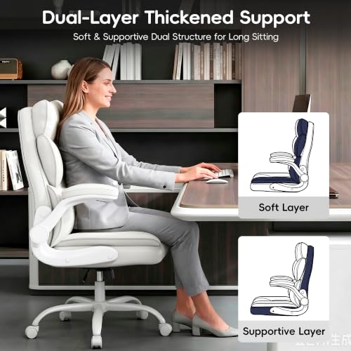 Vonesse White Office Chair with Flip-Up Armrests, Dual-Layer Backrest & PU Leather