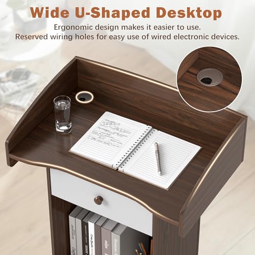 Qriocioa Brown & White Podium Stand with Wheels, Wooden Lectern with Storage