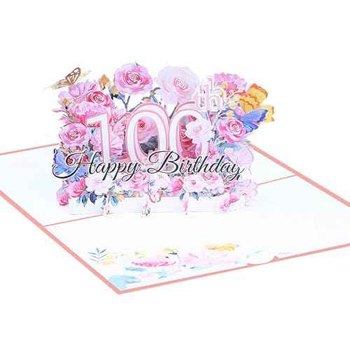 Happy 100th Birthday Card, 100th Birthday Cards for Women, 100th Birthday Gifts for Women, Happy Birthday Card, Pop Up Cards, Pop Up Cards Flowers for Women with Note.