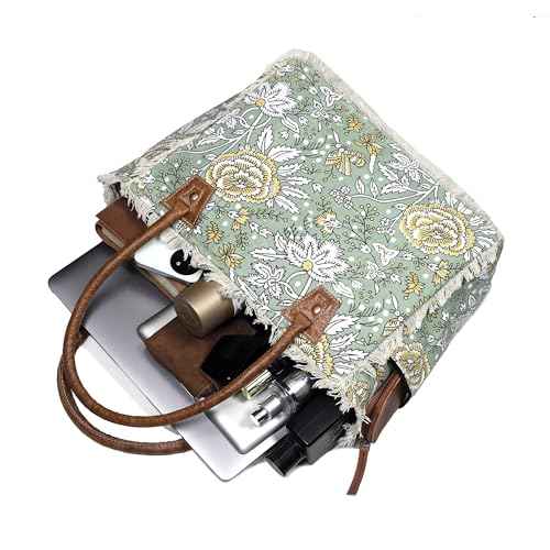 Boho Floral Canvas Tote Bag ? Large Green Shoulder Bag with Fringe & Leather Handles | Laptop/Work/Everyday Bag for Women