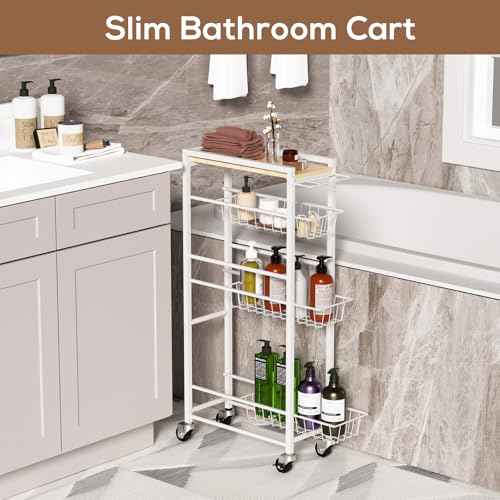 4 Tier Slim Rolling Storage Cart with Pull-Out Baskets, Narrow Sliding Storage Slim Laundry Cart Slim Rolling Kitchen Cart