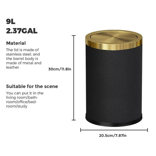 LEASYLIFE 9L/2.3GAL Small Trash Can with Swing Lid,Fancy Gold Waste Paper Baskets for Bathrooms,Black and Gold Trash Can for Bathroom,Bedroom, Powder Room,Office,Laundry Room (9L-Black)