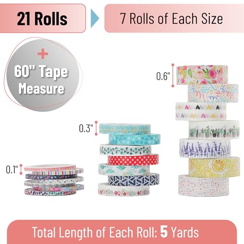Mr. Pen Washi Tape Set Floral Assorted Sizes 21 Rolls, 0.12/0.3/0.6 inch