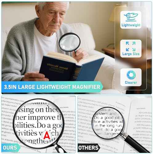 10X 30X Magnifying Glass for Reading, Handheld Magnifier for Reading, 90mm Magnifying Glass Scratch Resistant Lens, Soft Handle for Close Work Book Newspaper Nature Exploration, Hobby